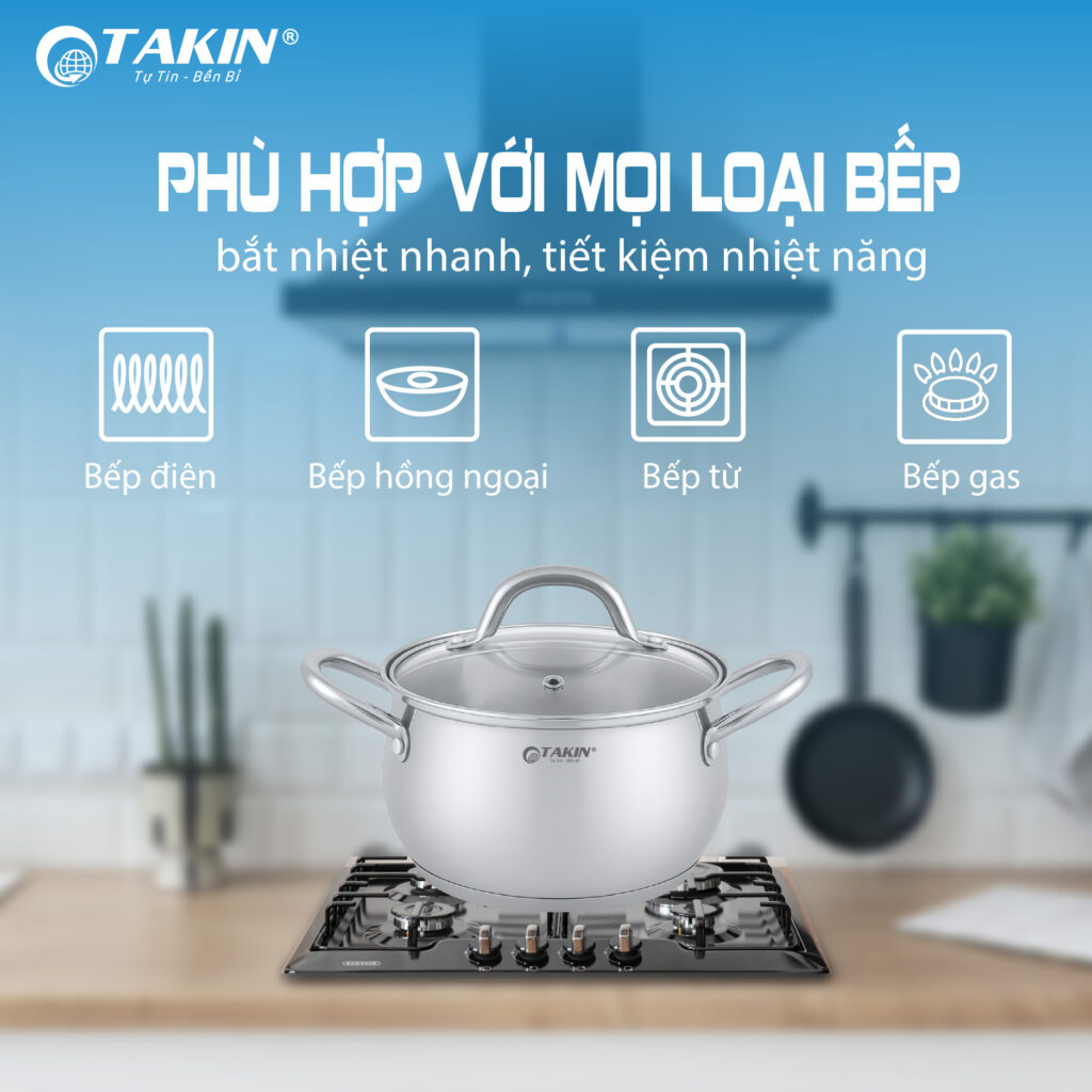 Nồi Inox 5 Đáy Cao Cấp TaKin TK-0318 phù hợp cho mọi loại bếp sử dụng