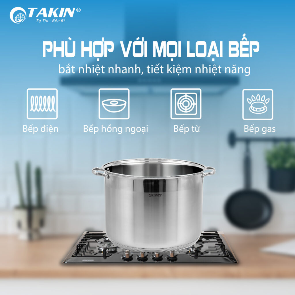 Nồi Luộc Gà Inox 5 Đáy Takin TK-30NC phù hợp với mọi loại bếp khác nhau