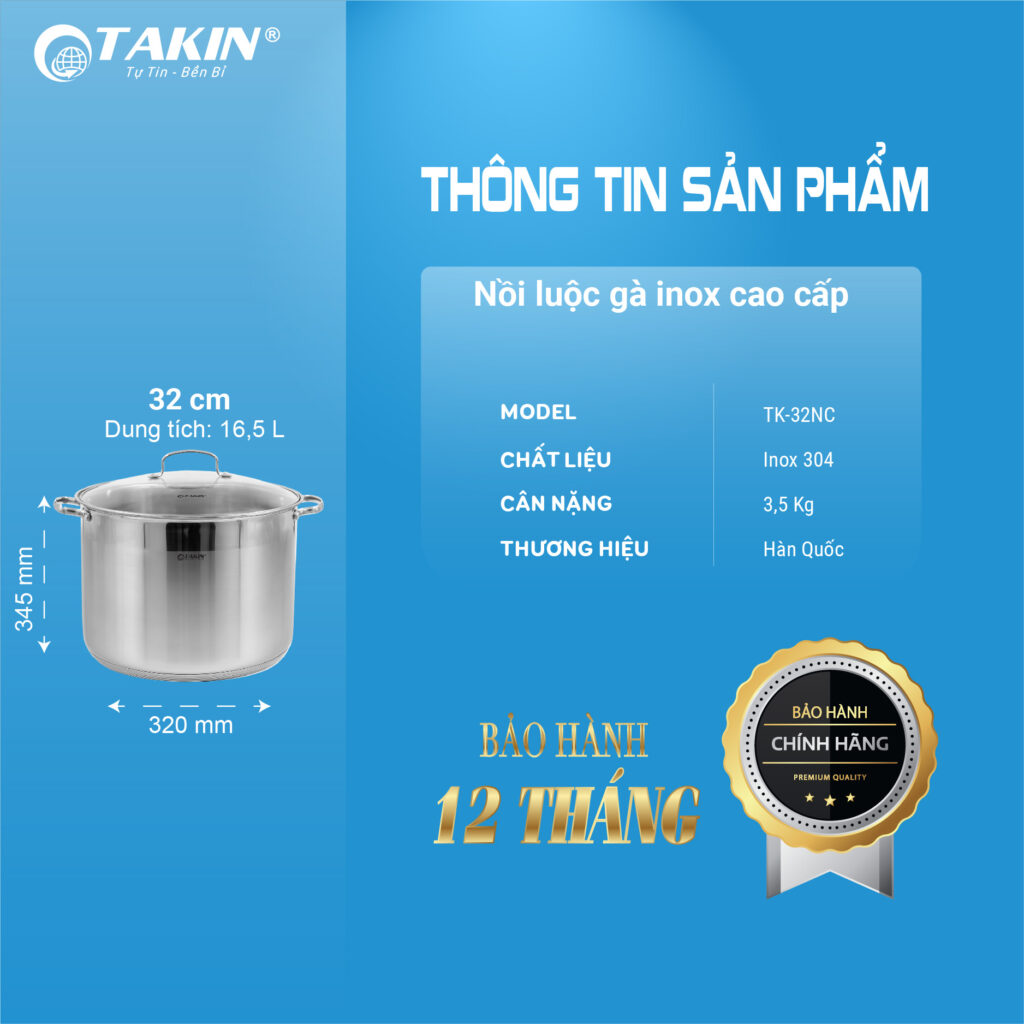Nồi Luộc Gà Inox 5 Đáy Cao Cấp Takin TK-32NC